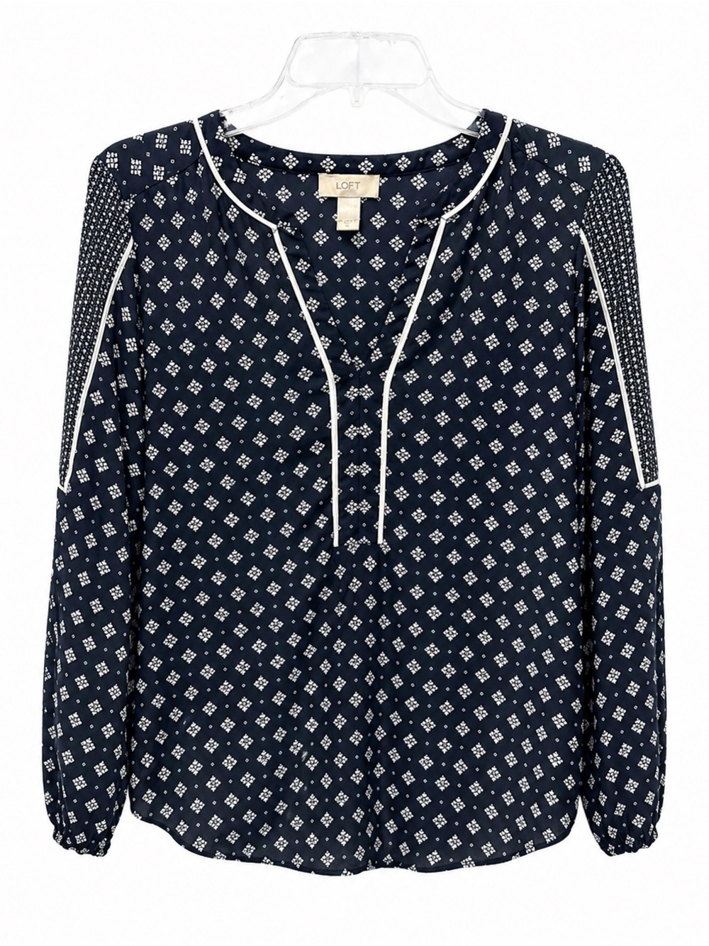 LOFT Navy and White Printed Long-Sleeve Peasant Blouse